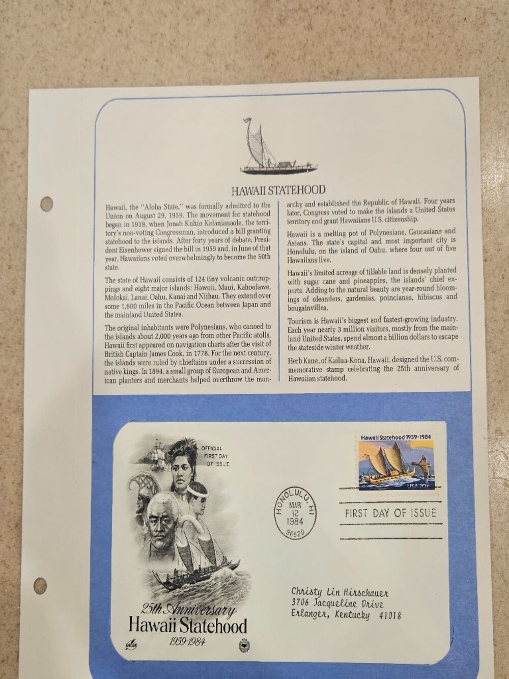 RARE COLLECTIBLE USPS 1ST DAY ISSUE COVER HAWAII STATEHOOD STAMP ENVELOPE FDC